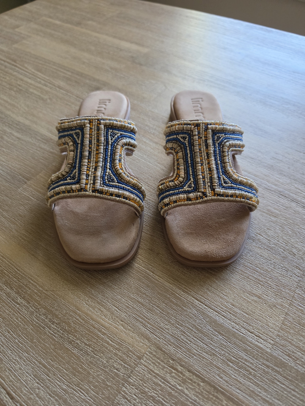 Beaded Slide Sandals in Tan and Navy - Women